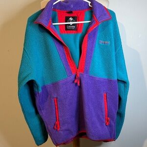 Vintage Columbia Teal and Purple Fleece Jacket with Red Accents pullover S